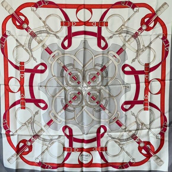 HERMES Carre "Eperon d’or" Silk Gray White Red 100% Silk Scarf 90cm Square - Picture 15 of 16